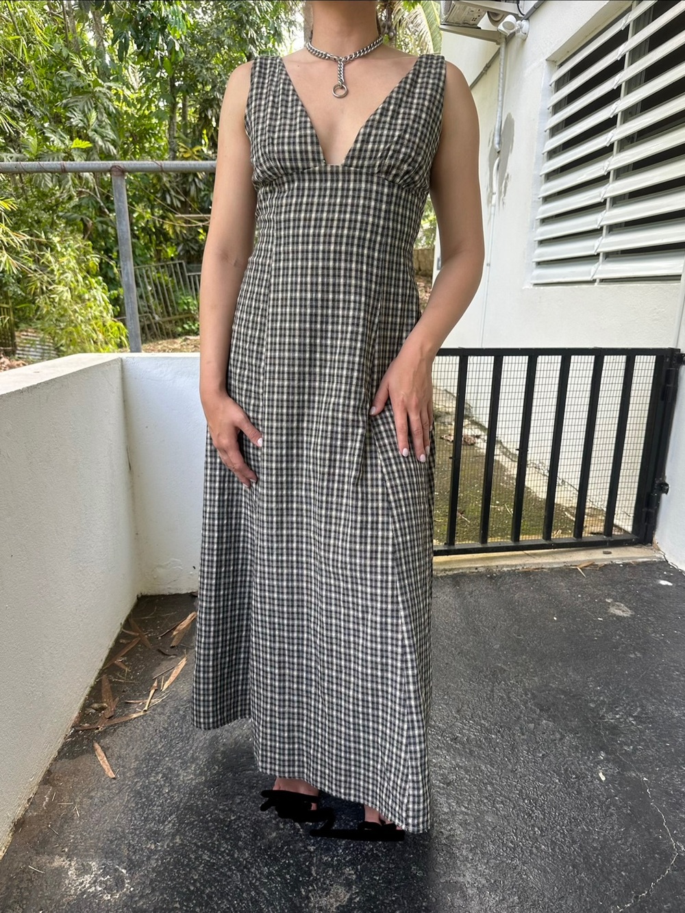 100% Linen Gingham V Neck Maxi Dress